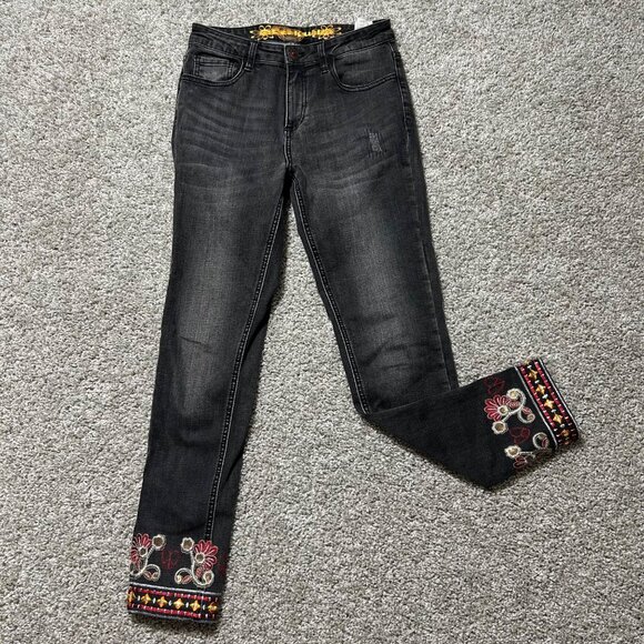 Desigual Exotic Jeans Black Embroidered Floral Pattern Slim Fit Womens Denim - Picture 14 of 14